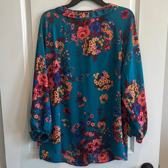 Floral Lace-Up Blouse • Teal Multicolor Print • XXL • Fall Fashion • Boho Chic - Picture 3 of 3